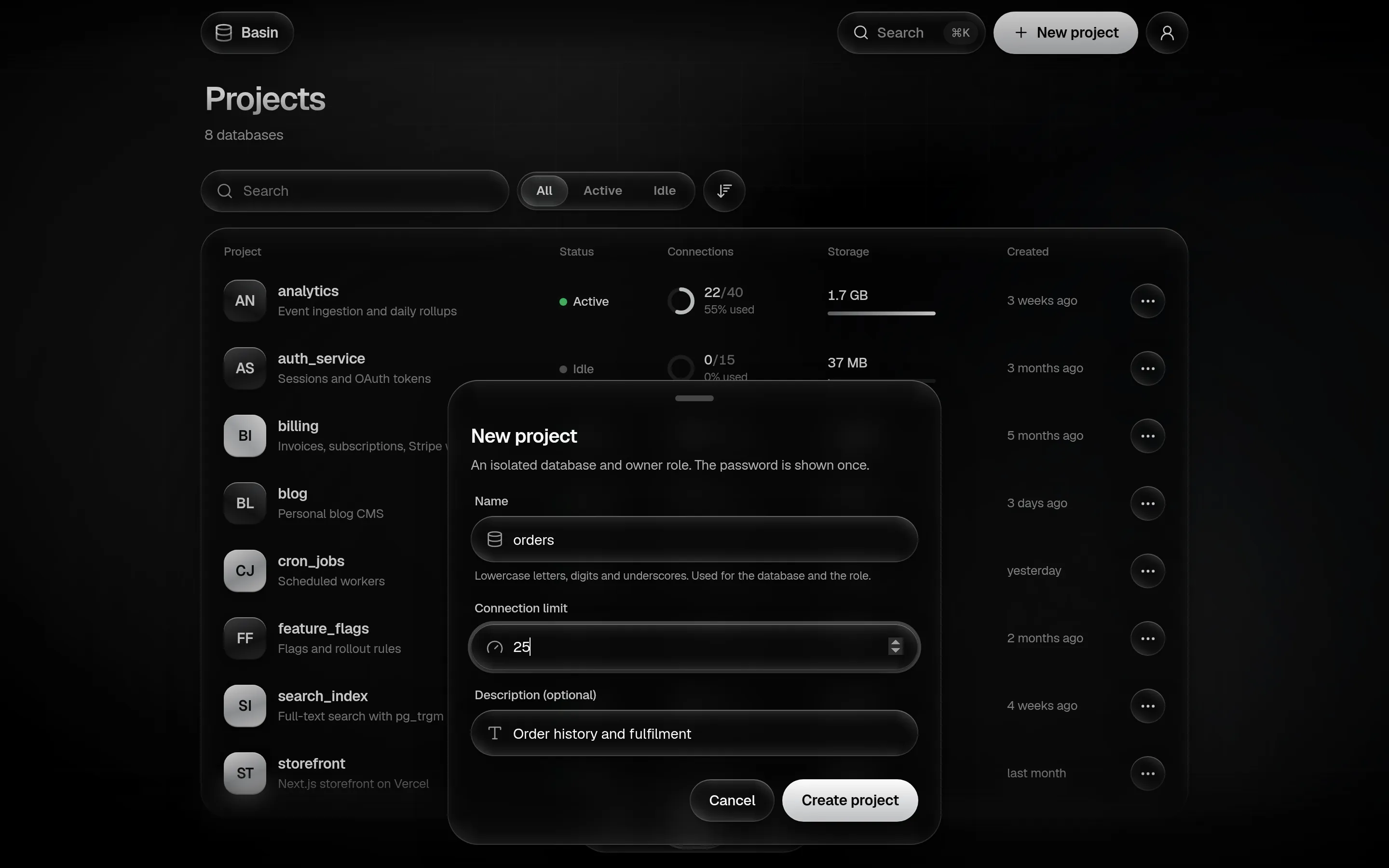 The new project sheet with a name, a connection limit of 25 and a description.