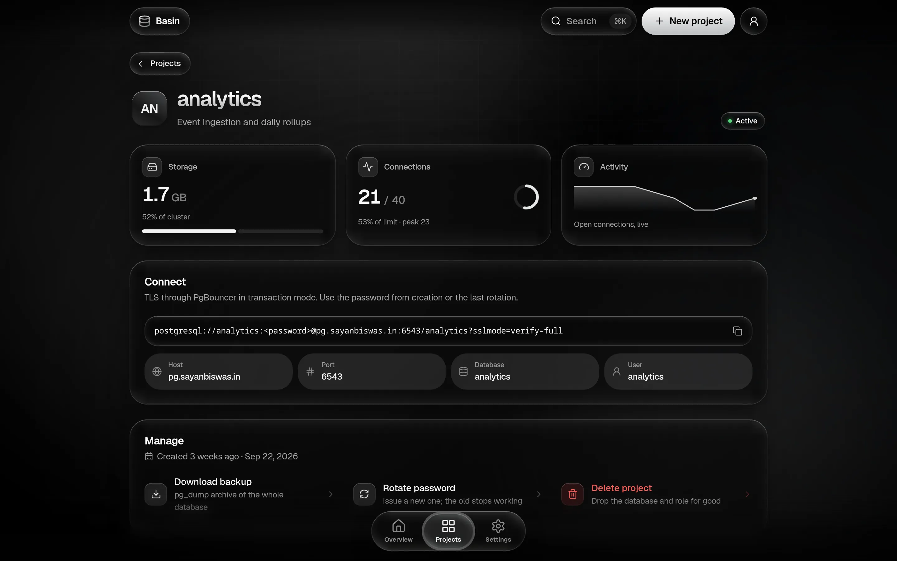 The analytics project page: 1.7 GB of storage at 52% of the cluster, 21 of 40 connections with a ring, a live activity chart, the connection string, and backup, rotate and delete actions.