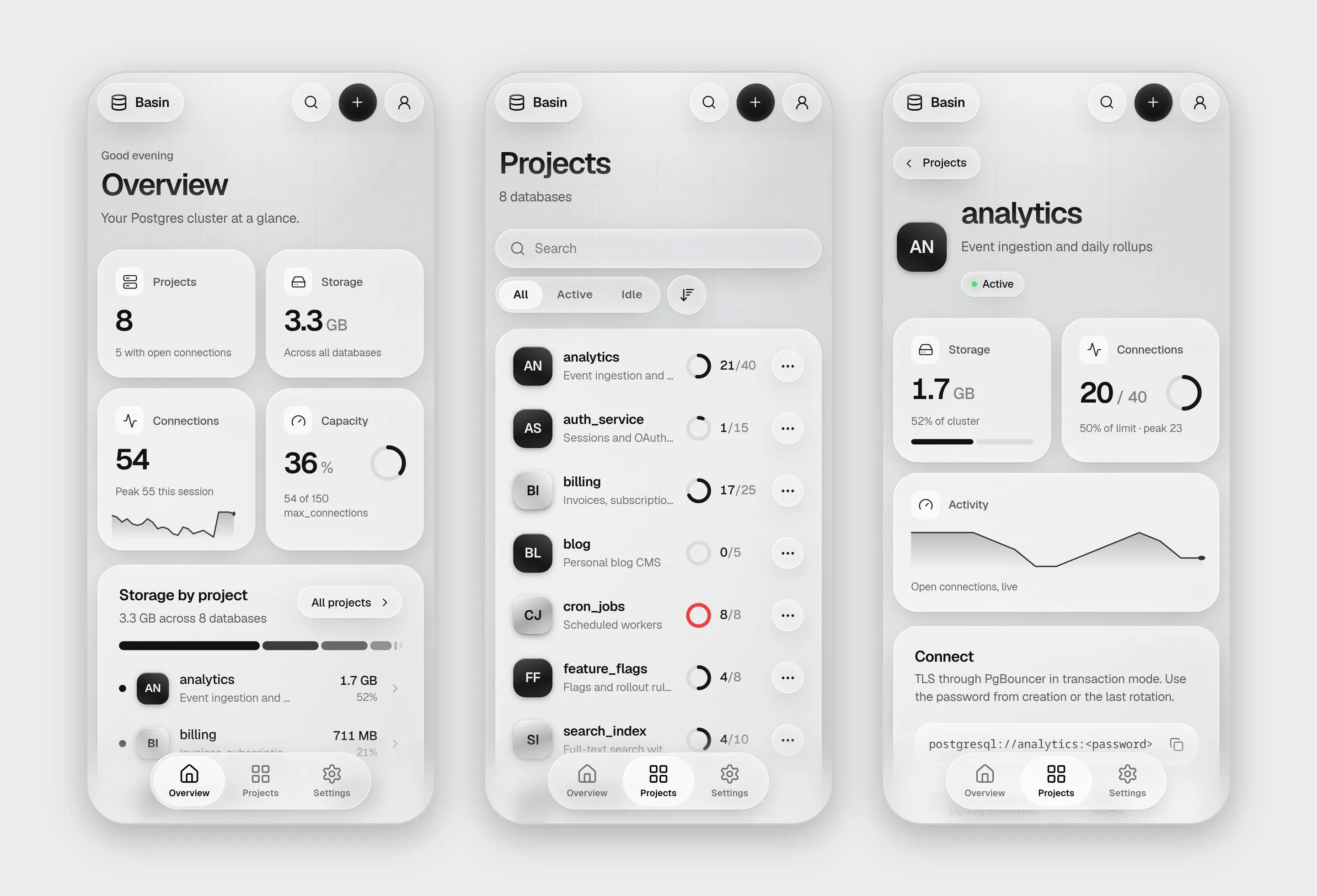 Three phone screens: the overview with stat tiles and a storage breakdown, the projects list with connection rings, and a project page with its activity chart.