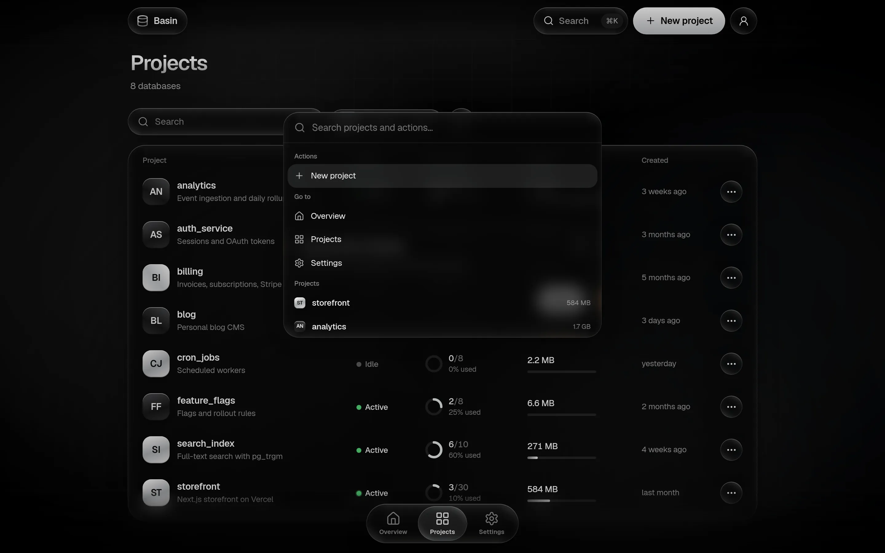 The command palette open over the projects page, listing actions, pages and projects with their sizes.
