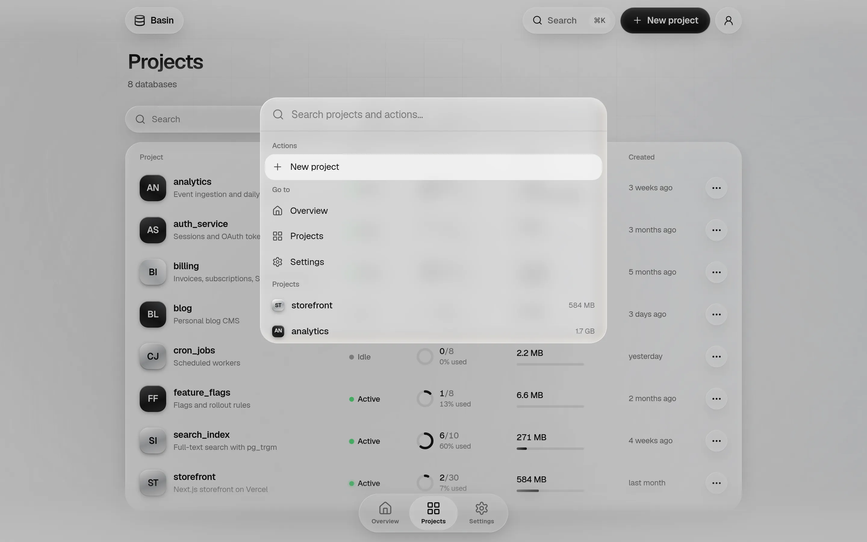 The command palette open over the projects page, listing actions, pages and projects with their sizes.