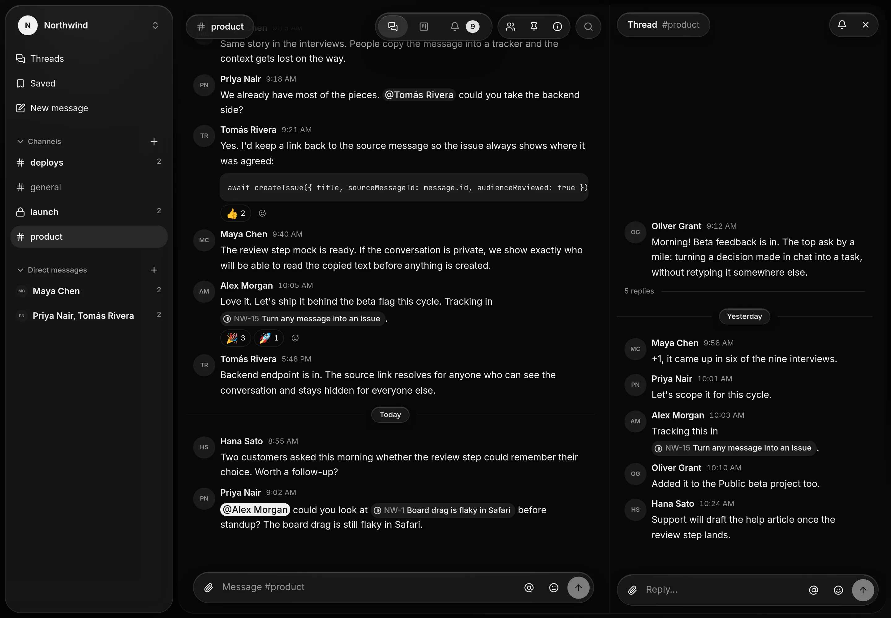The #product channel in Kaiwa, with mentions, reactions, linked issues and a thread open beside it.