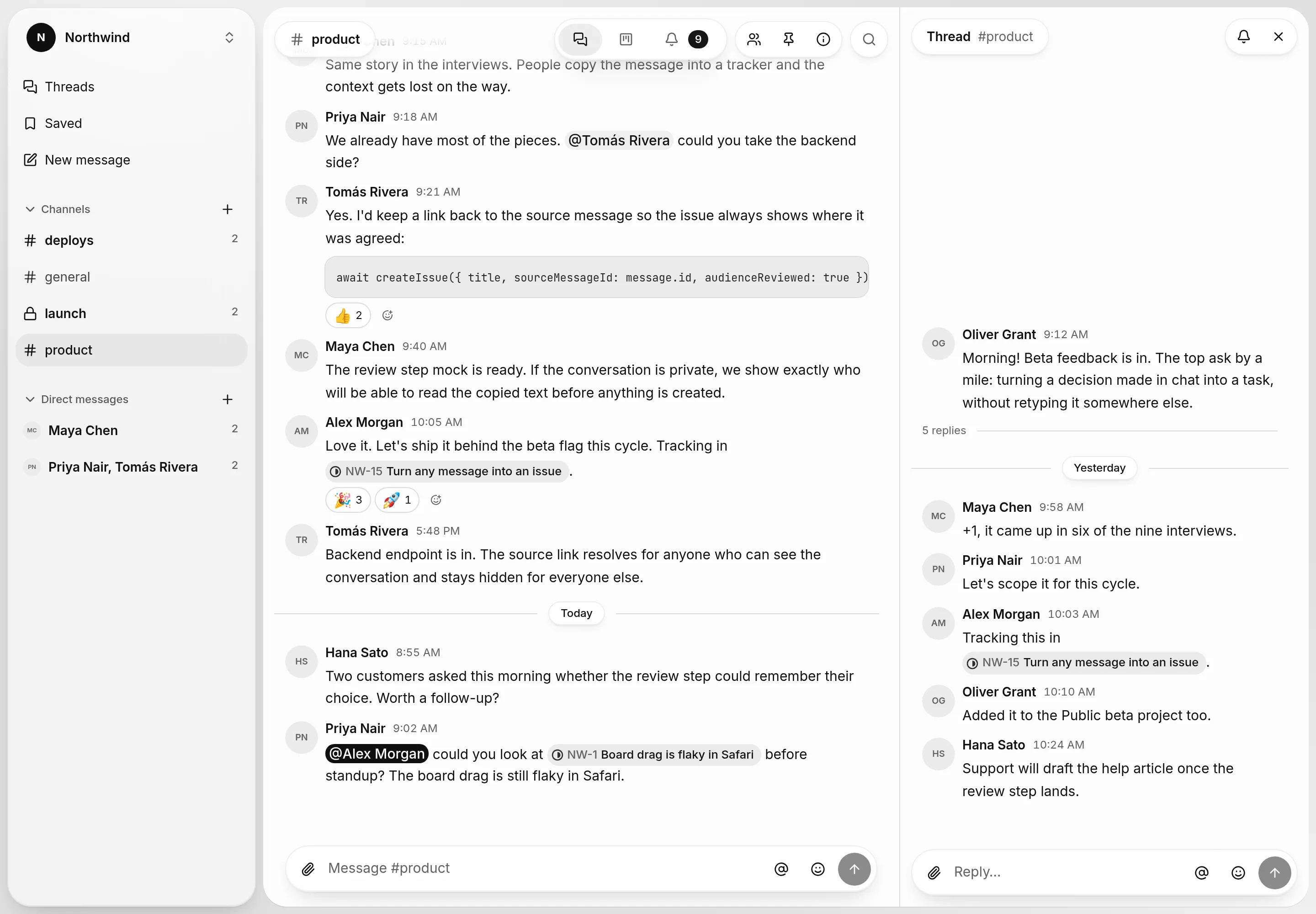 The #product channel in Kaiwa, with mentions, reactions, linked issues and a thread open beside it.